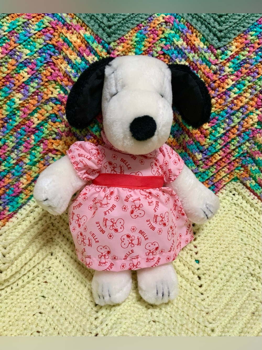 Vintage 1968 Peanuts Snoopy Sister Belle 10" Plush Stuffed Animal Pink Dress